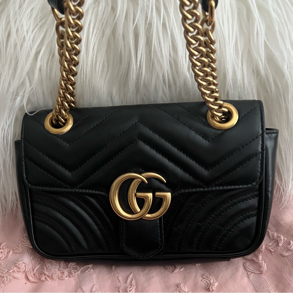 Gucci Black Matelassé GG Marmont Shoulder Bag with Gold Hardware